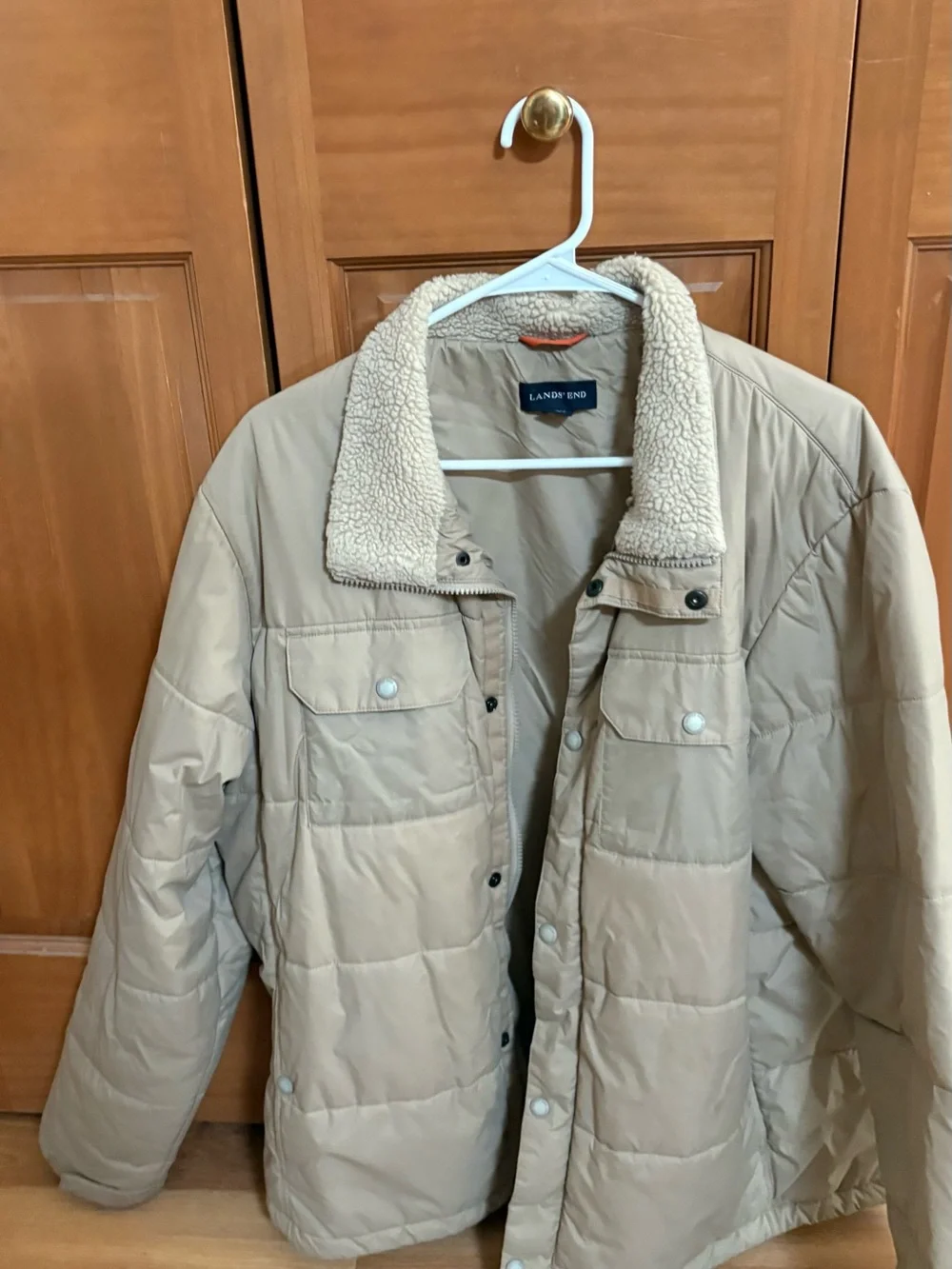 Lands' End Men's Tan Puffer Jacket with Sherpa Collar